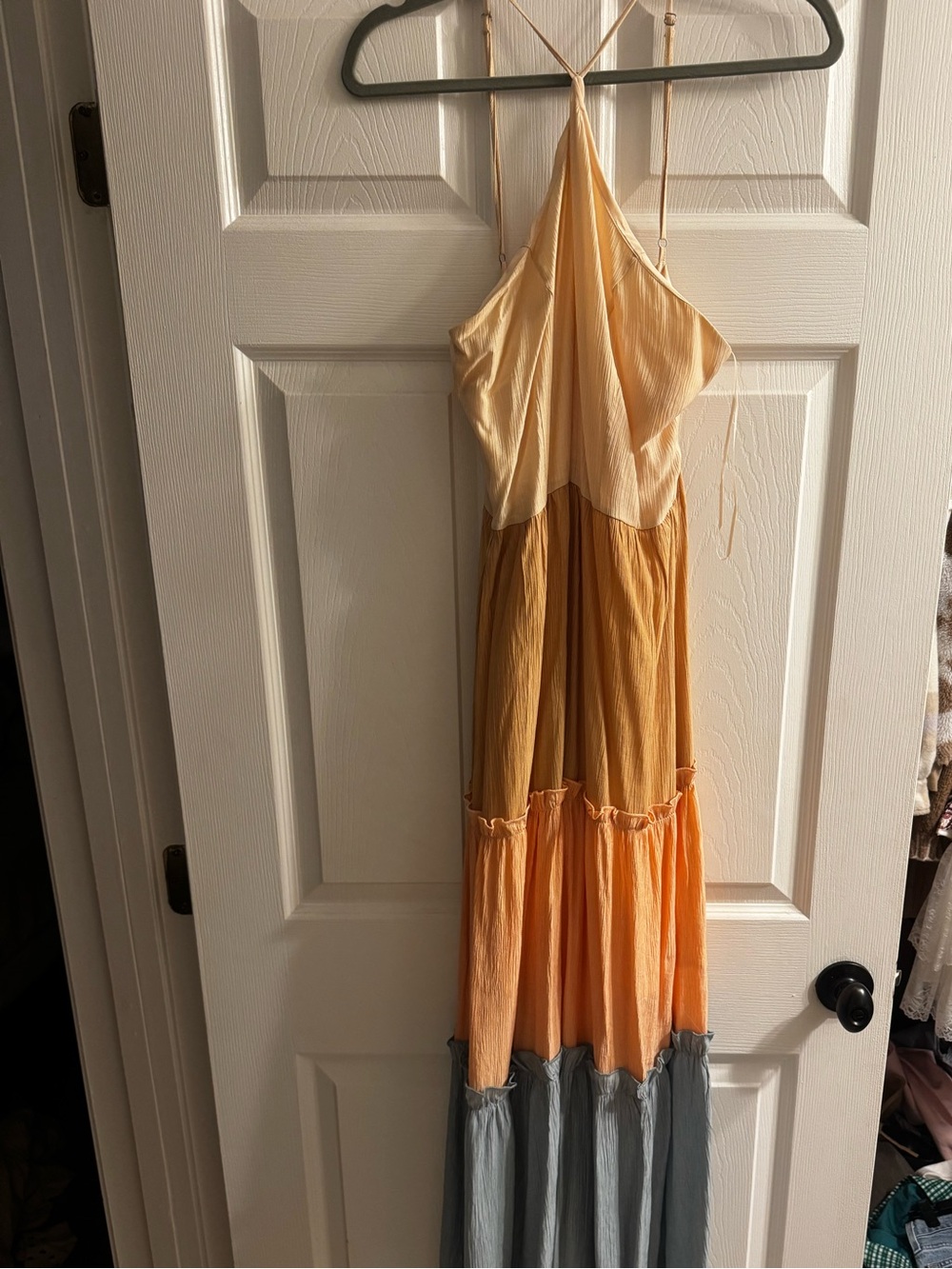 vestique Peach, Mustard and Slate Tiered Halter Maxi Dress